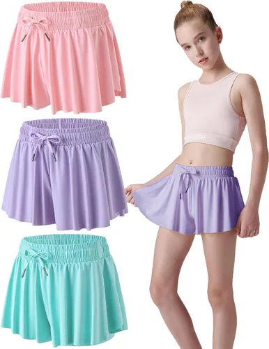 Miniatura 124 de Paquete de 3 pantalones cortos fluidos para niñas con forro de elastano, 2 en 1, faldas de mariposa para jóvenes, para fitness, correr, deportes