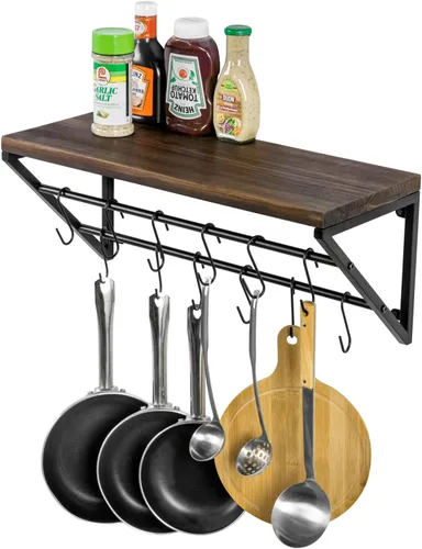 MyGift Urban Industrial - Estante flotante de cocina de madera maciza quemada con soportes de metal negro para ollas y sartenes con 12 ganchos en S,