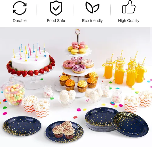 Miniatura 5 de Aneco 60 platos de papel desechables de 9 pulgadas, platos de postre de lunares azules y dorados, platos redondos de papel para bodas, despedidas