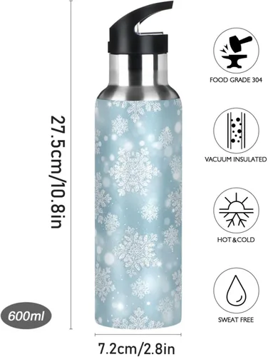 Miniatura 9 de Botella de agua aislada con copos de nieve blancos plateados de 32 onzas, botella de agua deportiva sin BPA aislada a prueba de fugas