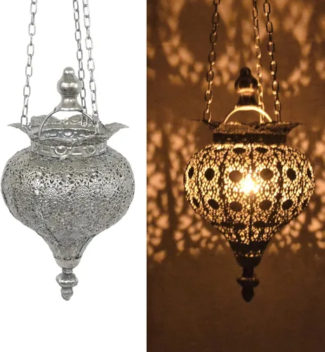 Westcharm Lámpara de Adoración Antigua de Plata Oriental Marroquí para Ramadán, Colgante de Metal, Luz Colgante, Lámpara de Vela Decorativa para