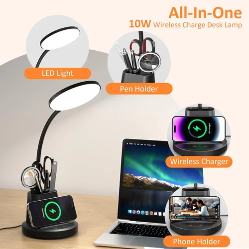 Miniatura 2 de Lámpara de escritorio Vicsoon con cargador inalámbrico, lámpara de escritorio LED para oficina en casa con soporte para bolígrafo, luz de escritorio