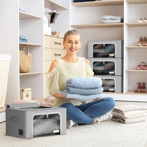 Miniatura 2 de Sorbus Contenedores de almacenamiento con marco de metal - Bolsas organizadoras de ropa apilables y plegables - Contenedores de almacenamiento