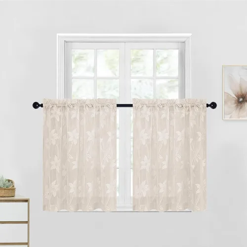 Miniatura 20 de DWCN Paquete de 2 cenefas de encaje floral para cocina, 52 x 18 pulgadas, con bolsillo para barra, cortina de gasa para ventana pequeña, cocina