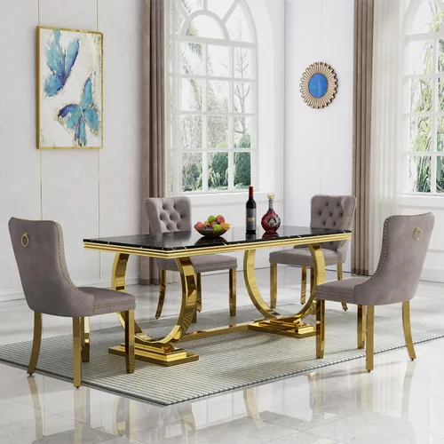 Miniatura 37 de HomVent Juego de mesa de comedor moderna de mármol sintético para 4 personas, mesa de cocina rectangular con 4 sillas beige (dorado)