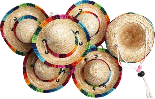 Xplanet Paquete de 6 mini sombreros de fiesta mexicana de paja natural, mini sombrero de fiesta, suministros para fiestas