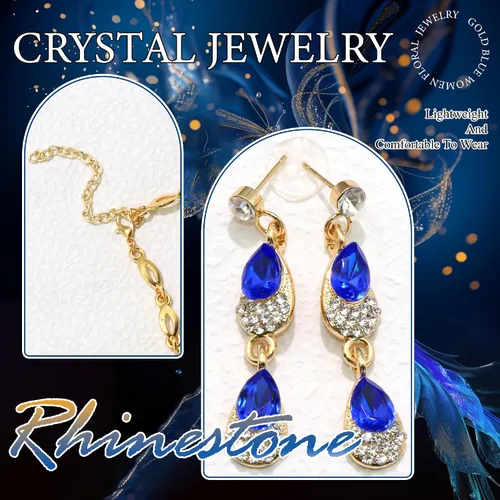 Miniatura 5 de Gold Blue Jewelry Set Diamond Black Flower Teardrop Necklace Earrings Rhinestone Crystal Wedding Prom Formal Trendy Jewelry Accessories for Brides