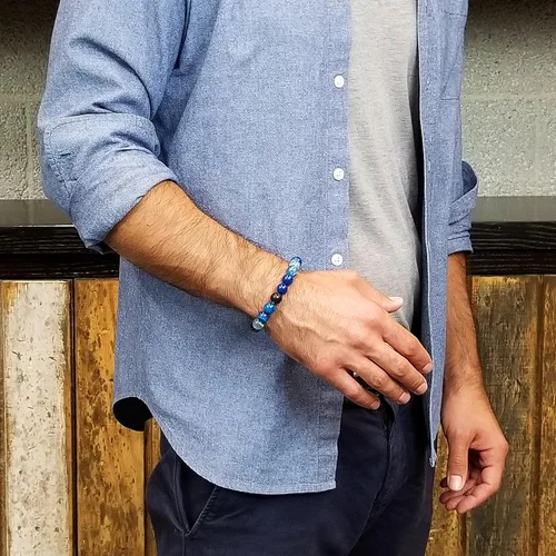 Miniatura 4 de Pulsera elástica con cuentas de ágata azul pulido y ónix mate para hombre (0.413 in de ancho), talla única, Microfibra, ágata azul