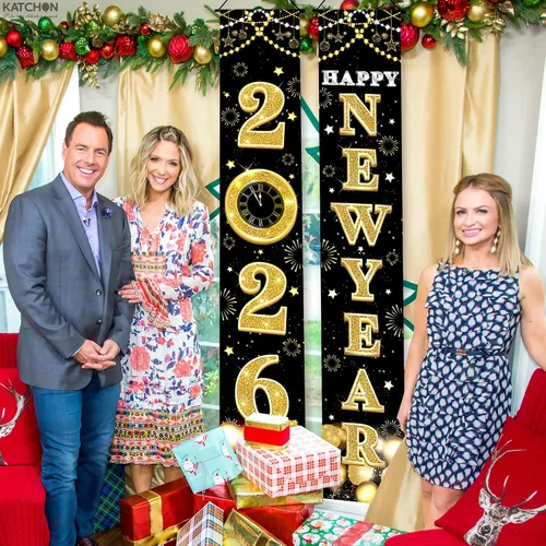 Miniatura 6 de KatchOn XtraLarge Pancarta de Feliz Año Nuevo 2026 – 72 x 12 pulgadas Pancarta de puerta de Feliz Año Nuevo negra y dorada para decoraciones