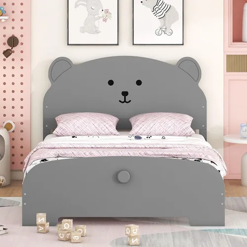 Miniatura 12 de Cama de plataforma de madera de tamaño individual con cabecero y estribo en forma de oso, sin ruido, para niños, adolescentes, niños y niñas,