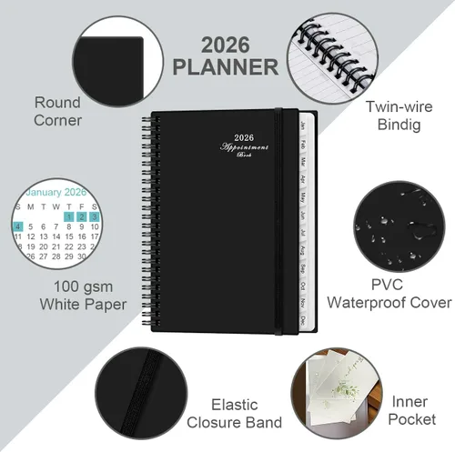Miniatura 2 de Agenda y agenda de citas 2026 – Agenda diaria por hora 2026 de enero de 2026 a diciembre de 2026, libro de citas semanal con intervalo de 30 negro-D