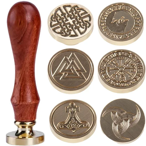 Miniatura 13 de Juego de 6 piezas de sello de cera de madera con cabeza de latón extraíble + 2 asas de madera + caja de cofre del tesoro de madera y cuero