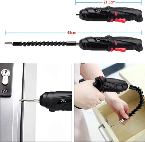 Miniatura 5 de JENABOM Destornillador eléctrico, 3.6 V inalámbrico, juego de 44 puntas de destornillador, luz LED delantera, eje flexible, micro USB, funda de Negro