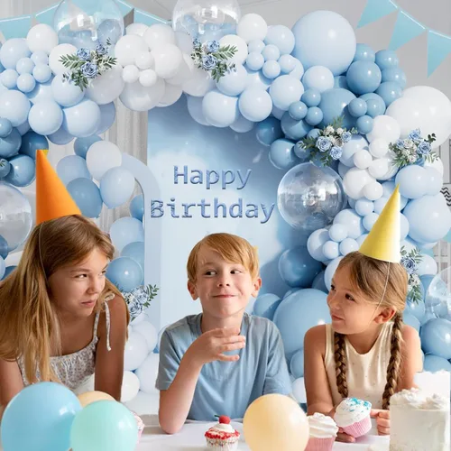 Miniatura 3 de Kit de arco de globos de color azul polvoriento de 156 piezas de diferentes tamaños azul claro azul bebé y blanco y globos de látex transparente