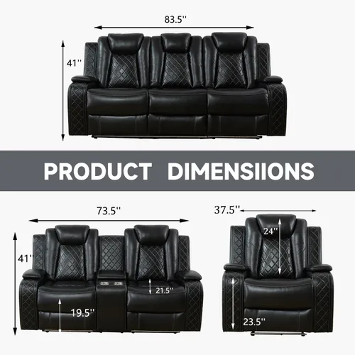 Miniatura 3 de Juego de sofá reclinable eléctrico, sofás reclinables de cuero negro, 3 piezas de sofá reclinable de cuero de aire y silla de dos plazas con luces