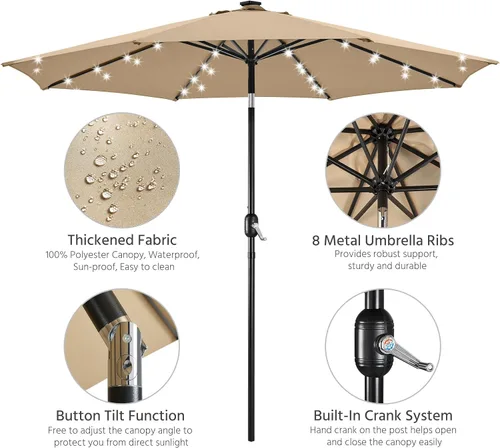 Miniatura 4 de Yaheetech Sombrilla de patio con energía solar de 10 pies, sombrilla de mesa de mercado con protección UV con 32 luces LED y botón de inclinación