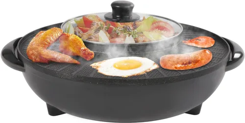 Parrilla circular 2 en 1 de 110 V, 1350 W, combo de olla eléctrica redonda para freír en interiores, sin humo, antiadherente, barbacoa, divisor de