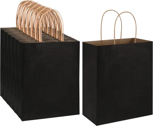 Oikss Paquete de 100 bolsas de papel kraft medianas de 8 x 4.75 x 10 pulgadas con asas a granel para cumpleaños, bodas, fiestas, comestibles,