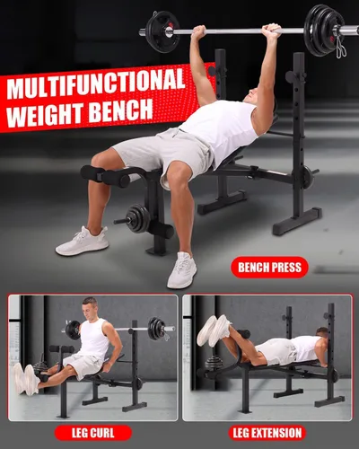 Miniatura 6 de OPPSDECOR Standard Weight Bench Set with Squat Rack, 600LBS Adjustable Bench Press Set with Leg Extension and Leg Curl, Foldable Flat Incline