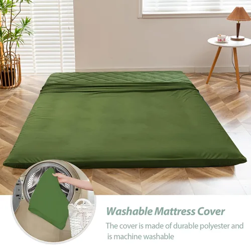 Miniatura 4 de MAXYOYO Colchón de futón japonés tamaño Queen, colchón de piso para adultos, tapete plegable enrollable, futón japonés con patrón de diamante, verde