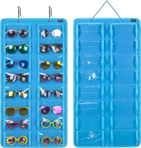 Miniatura 12 de AROUY Organizador de gafas de sol, organizador de gafas con bolsillo para colgar en la pared - Organizador de gafas de sol con 16 ranuras de fieltro