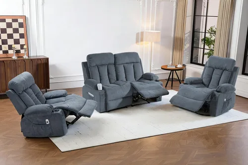Miniatura 9 de Juego de sofá reclinable manual, 3 piezas con bolsillos laterales, portavasos para cine en casa, oficina (azul, sofá biplaza+silla)