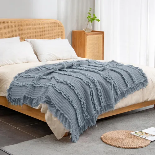 Miniatura 17 de Manta acolchada ultra suave y prelavada de tamaño individual color amarillo bohemio para cama, manta decorativa con flecos con volantes, manta