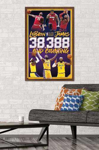 Miniatura 2 de NBA League - Póster de pared de LeBron James All-Time Scoring Leader, 34 pulgadas de largo x 22.4 pulgadas de ancho, versión enmarcada de caoba