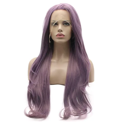 Miniatura 3 de Lushy Peluca de cabello sintético con encaje frontal, ondulada, larga, de 26 pulgadas, mezcla morada, peluca de densidad completa, resistente al