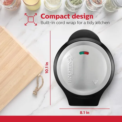 Miniatura 3 de Holstein Housewares Máquina de omelete y frittata de 2 secciones de acero inoxidable, revestimiento antiadherente, fácil de limpiar, luces Negro
