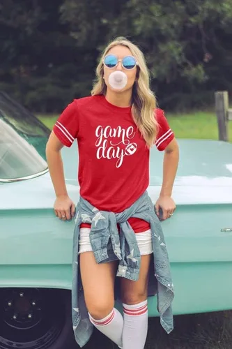 Miniatura 4 de Camisetas para el día del juego para mujer, camiseta gráfica de fútbol divertida, linda camiseta de competencia, camiseta casual de manga corta
