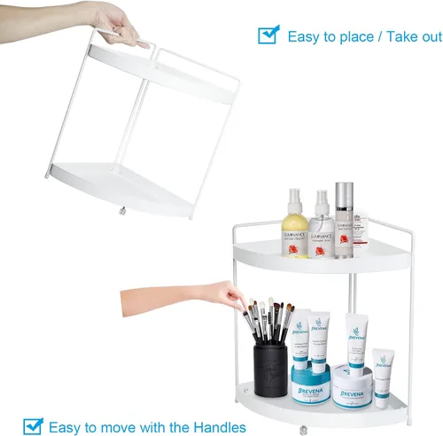 Miniatura 6 de Estante esquinero de 2 niveles para encimera de cocina, gabinete de baño, organizador de maquillaje, cosméticos, organización y almacenamiento Blanco