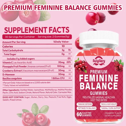 Miniatura 2 de Suiyilary Gomitas de probióticos femeninos, salud vaginal y equilibrio del pH de las mujeres, suplemento gomoso con polvo de arándano y piña, vegano