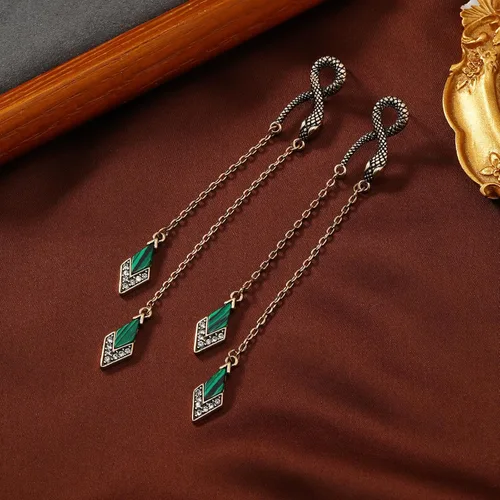 Miniatura 6 de Pendientes de serpiente de gota larga con diamantes de imitación verde vintage, Piedra de malaquita