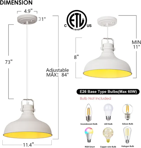 Miniatura 2 de Luces colgantes blancas de granja, iluminación colgante mate para isla de cocina, industrial de altura ajustable, vintage, cúpula colgante