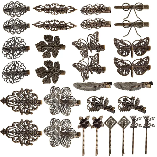 inSowni Paquete de 30 / 15 pares de pinzas de pelo de cocodrilo vintage vintage de bronce decorativas para el cabello, pasadores de bobby de hoja,