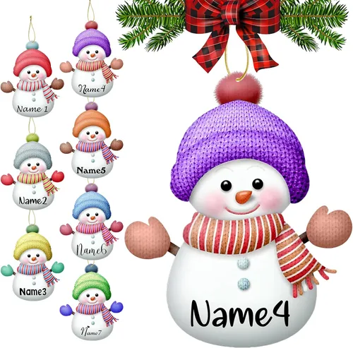 Miniatura 10 de Adornos de Navidad personalizados con nombres, muñeco de nieve, 8 piezas, adorno familiar personalizado, decoración colgante de madera para árbol