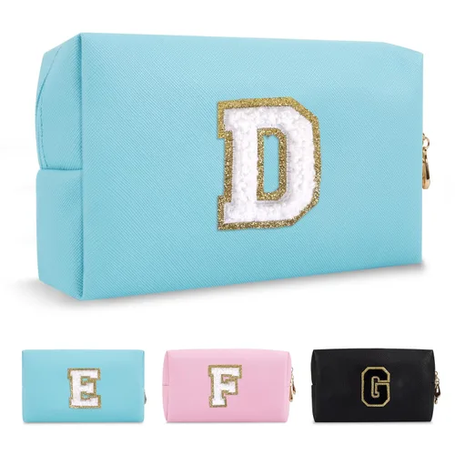 Miniatura 154 de Pequeña bolsa de maquillaje personalizada con inicial A-Z Preppy Patch, bolsa de cosméticos de viaje de felpilla blanca con cremallera, bonita bolsa