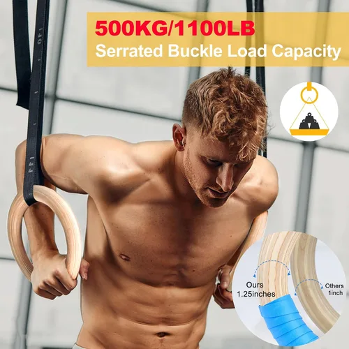 Miniatura 2 de ZILLEEN Wooden Gymnastics Rings 1.25" Olympic Rings with Adjustable Straps for Pull Up Bar Exercise Men Gym Kids