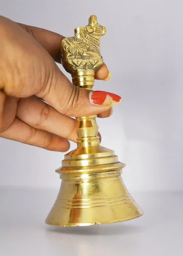 Miniatura 5 de Campana de latón para campana de templo Ghanti de 4.75 pulgadas, campana de Pooja de latón con estatua de Nandi en la parte superior, cascabel