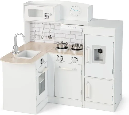 HONEY JOY Juego de cocina esquinera para niños, cocina de madera para niños pequeños, dispensador de agua, microondas, campana extractora,