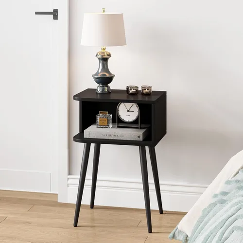 Miniatura 2 de MLBZ20B-2 - Juego de 2 mesitas de noche negras, mesa auxiliar de cama pequeña para espacios pequeños, mesa auxiliar moderna de mediados de siglo