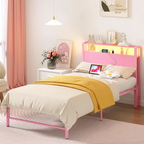 Miniatura 4 de Weehom Estructuras de Cama Individual con Estantes de Almacenamiento de Madera de 2 Niveles en el Cabecero, Cama Tamaño Individual con Estaciones