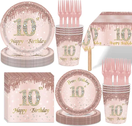 121 piezas de suministros para fiesta de cumpleaños número 10, platos, servilletas, vasos, tenedores, mantel, color oro rosa, decoración de vajilla