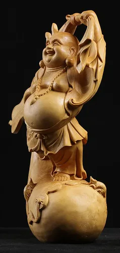 Miniatura 4 de Estatua de Buda Maitreya Maitreya tallada a mano de boj natural (ventilador de bolsa de tela)