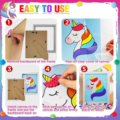 Miniatura 4 de Kit de Arte de Pintura de Pompones de Unicornio Funto, Más de 1100 Pompones, Lienzo y Marco Resistente para Decoración del Hogar, Manualidades