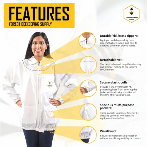 Miniatura 3 de Chaqueta de apicultura con velo y guantes de esgrima, chaqueta de abeja de algodón para hombres y mujeres, cremalleras de latón resistentes (2XL)