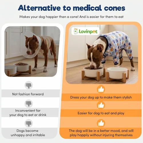 Miniatura 6 de LovinPet Mameluco para perros de razas grandes, pijama para perro, tela elástica ligera, camisa de manga larga para perro, estampado Paw-Some gris