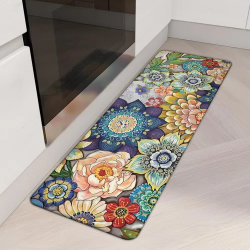 Miniatura 17 de Alfombras de cocina bohemias florales para suelo, 2 piezas de espuma viscoelástica, acolchadas, antifatiga, antideslizantes, acolchadas, cómodas