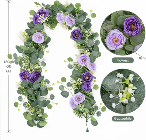 Miniatura 10 de TOCHGREEN Paquete de 2 Guirnaldas de Flores de Eucalipto Artificial de 12 Pies con Rosas Champán, Guirnalda de Flores de Rosa Falsa Verdor
